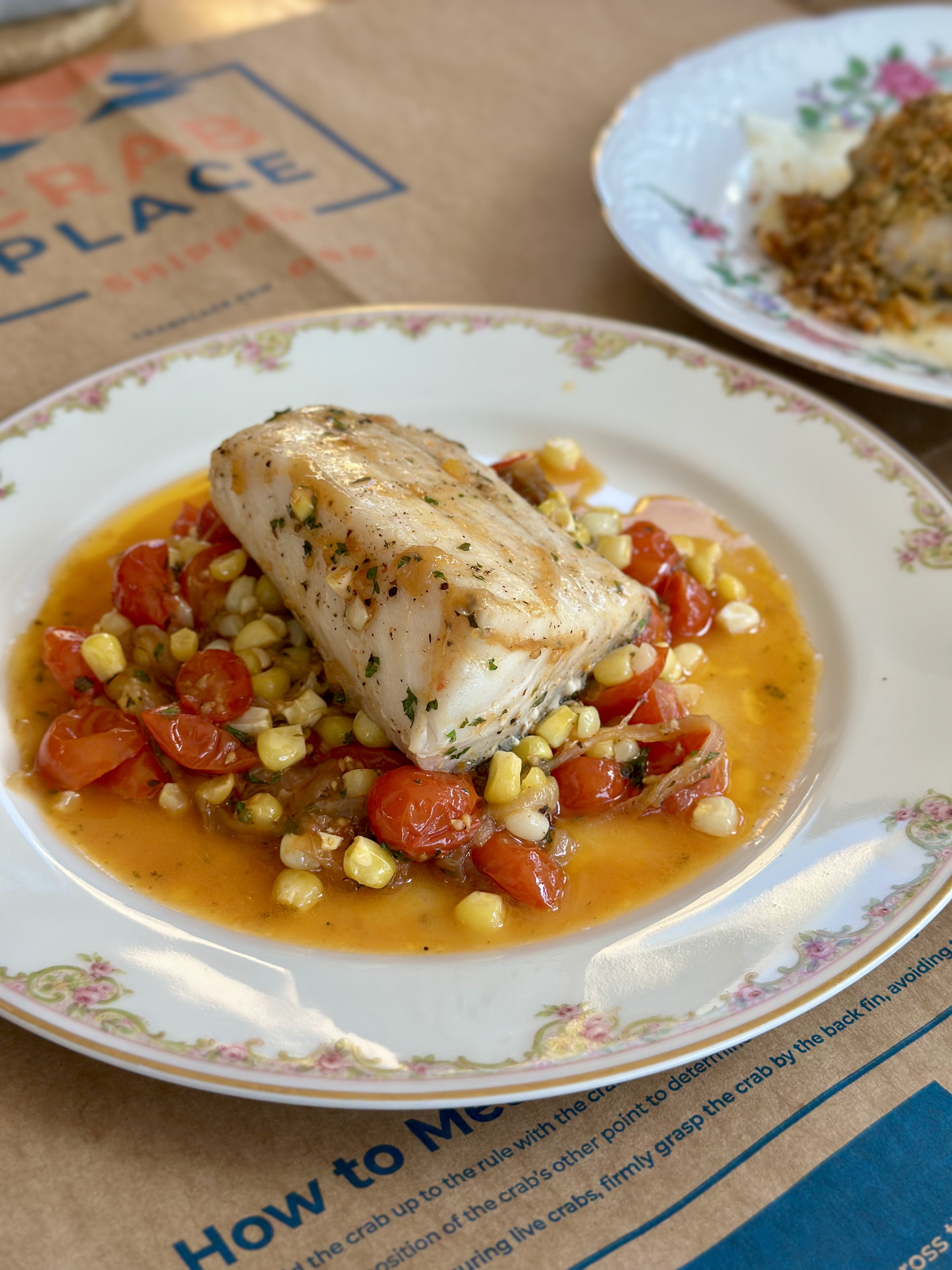 Baked Black Cod with Summer Corn & Tomatoes