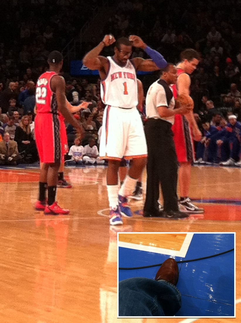 Amar'e Stoudemire at center court at Madison Square Garden, with an inset photo of a shoe on the Knicks baseline