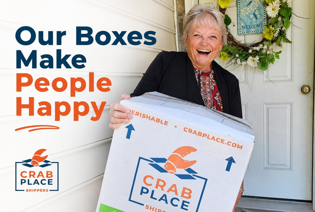 Happy Crab Place customer at her front door holding a branded Crab Place delivery box, with the Our Boxes Make People Happy text overlay.
