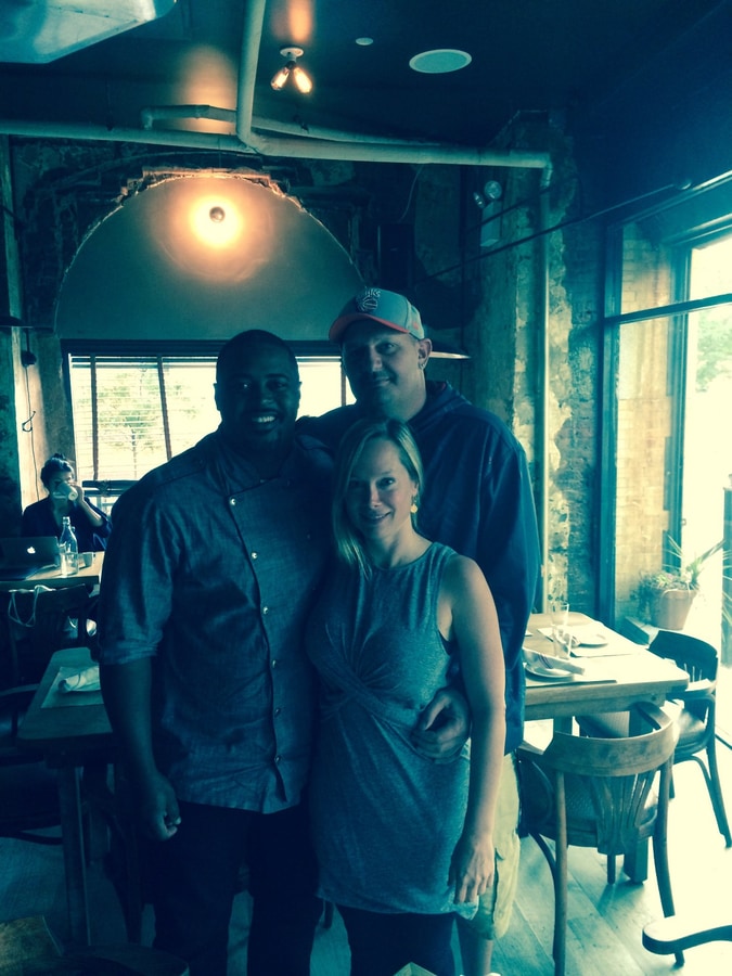 Chef Max Hardy with Greg Cain and Rebecca at a restaurant table in New York