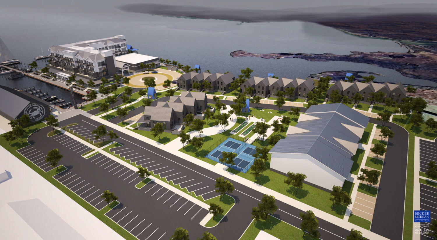 Aerial concept rendering of the full Seventh Street Marina site, showing the lodging building and pier on the water, rows of gabled cottages, a green with pickleball courts, a large event barn, and parking.