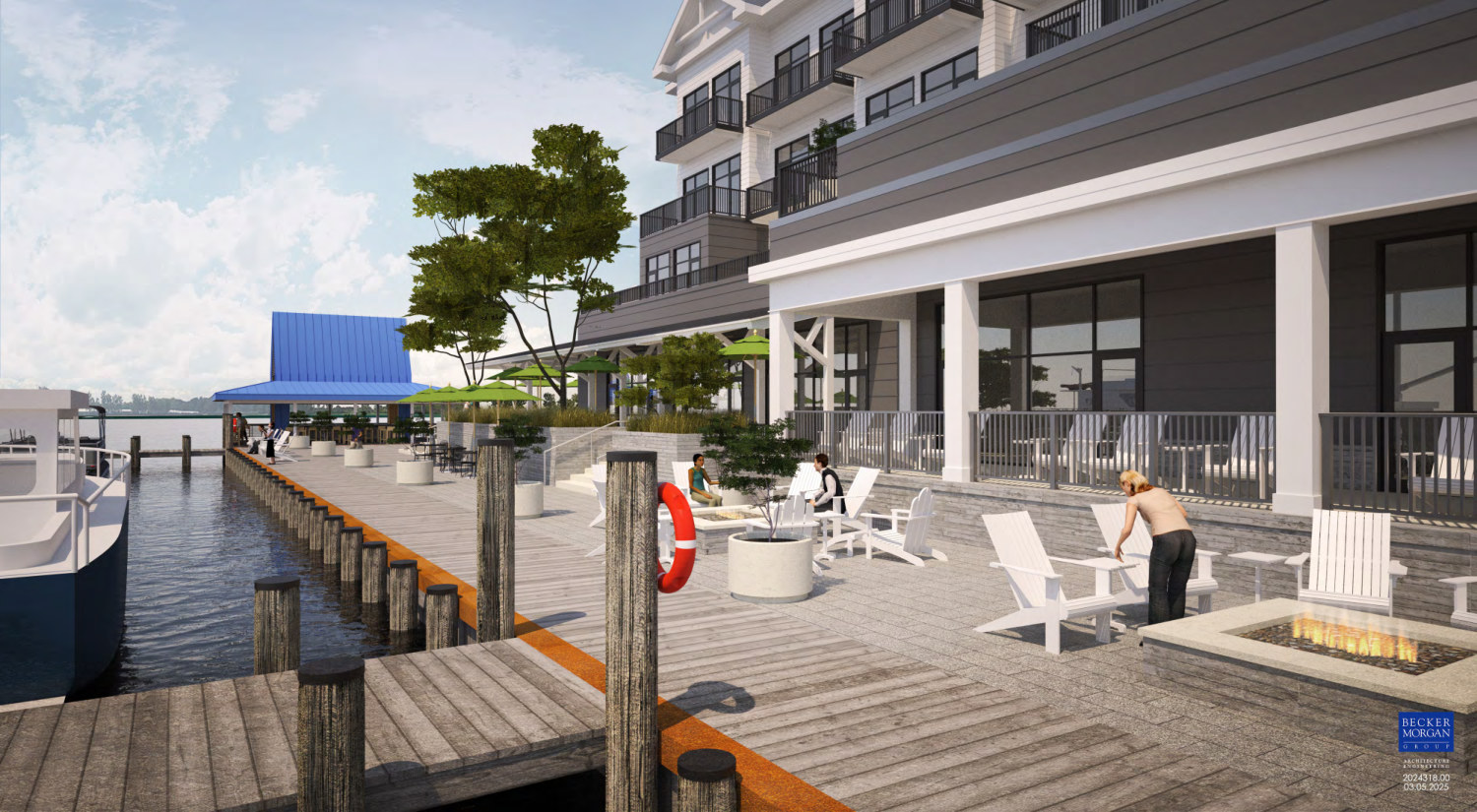 Concept rendering of a wide wooden boardwalk on the water with Adirondack chairs, a lit fire pit, cafe tables under green umbrellas, docked boats, and a blue roofed pavilion.
