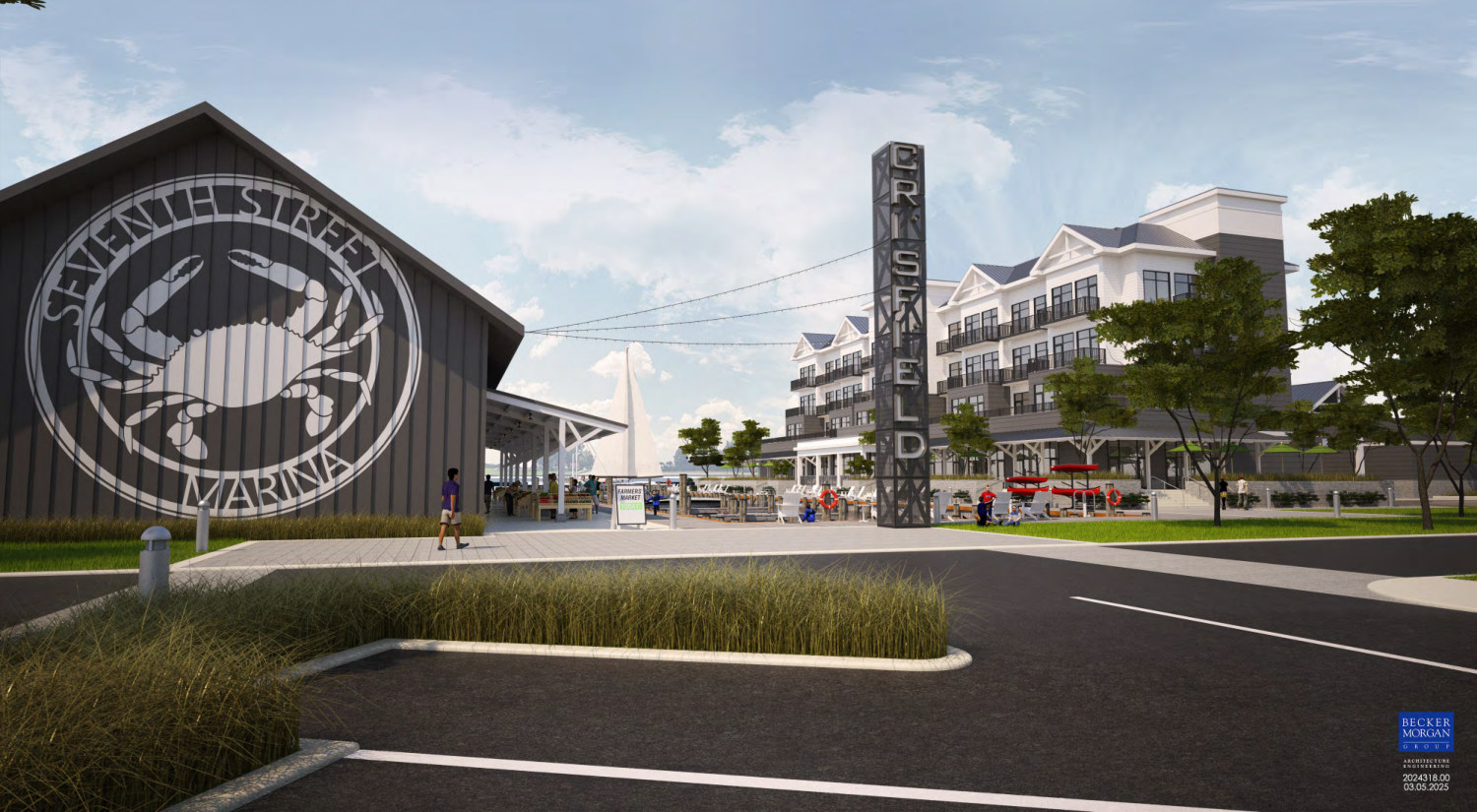 Concept rendering of the Seventh Street Marina entrance, showing a gabled market building with a blue crab logo, a tall vertical CRISFIELD sign, an open pavilion, kayak racks, and four stories of lodging.